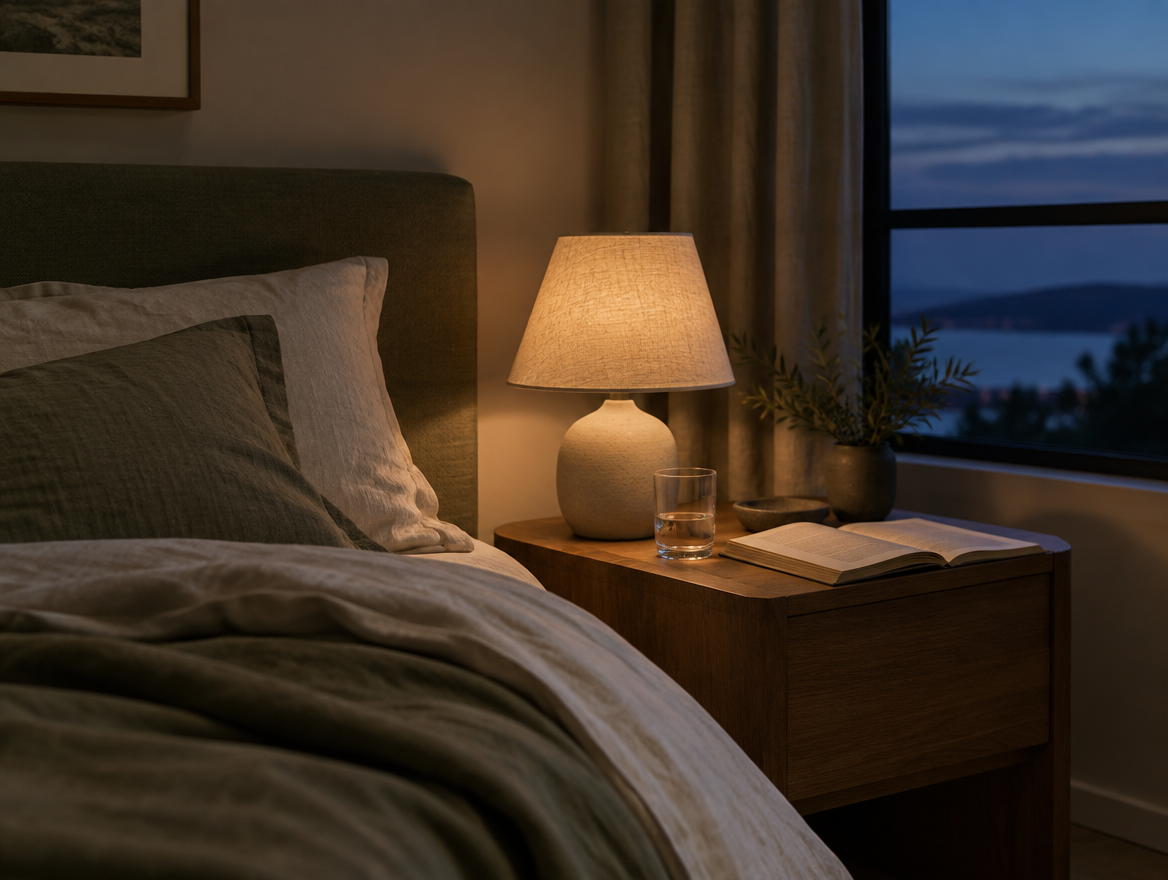 bedroom at blue hour, lamp and book