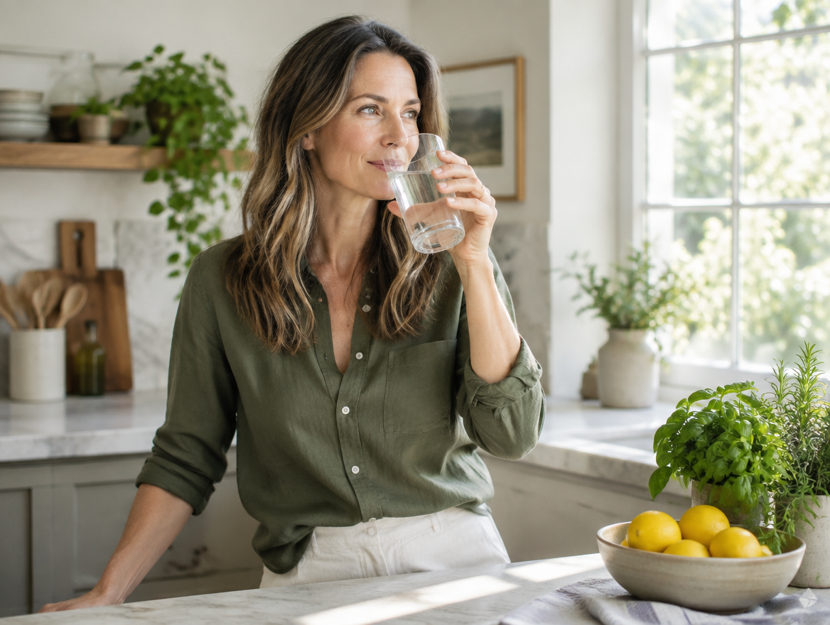 morning water in a bright kitchen
