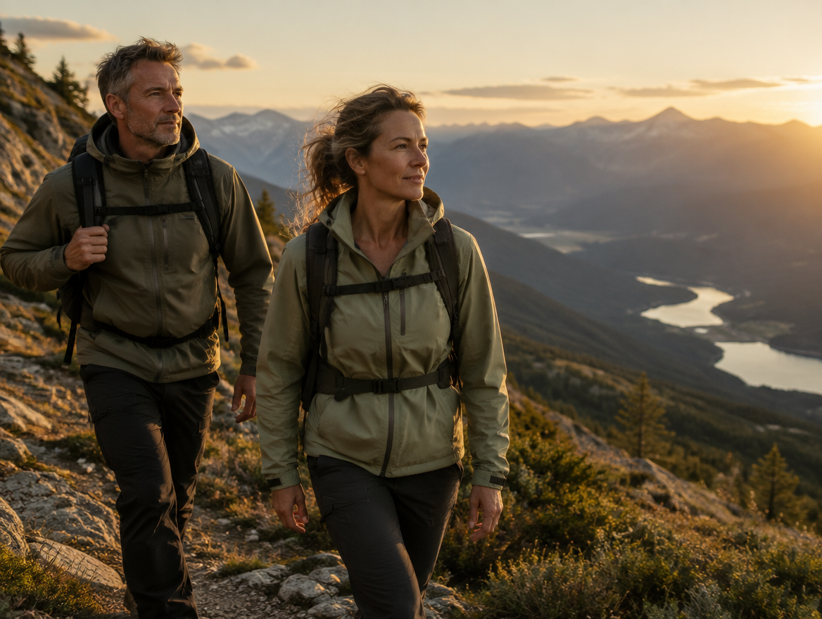 couple hiking a mountain trail at golden hour