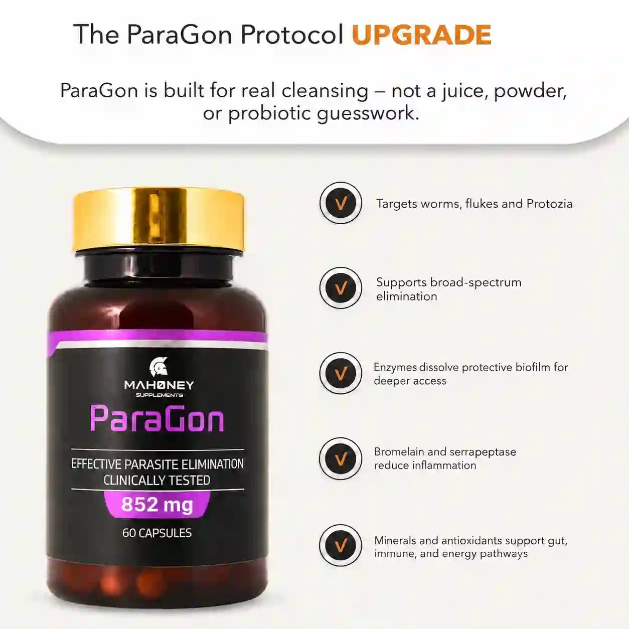 Paragon by Mahoney Supplements, 60 capsules, shown beside the manufacturer's five-point summary of the formula