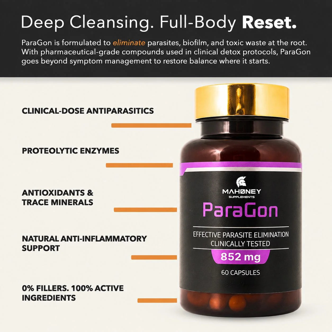 Paragon by Mahoney Supplements, 60 capsules, shown beside the manufacturer's five-point description of the formula